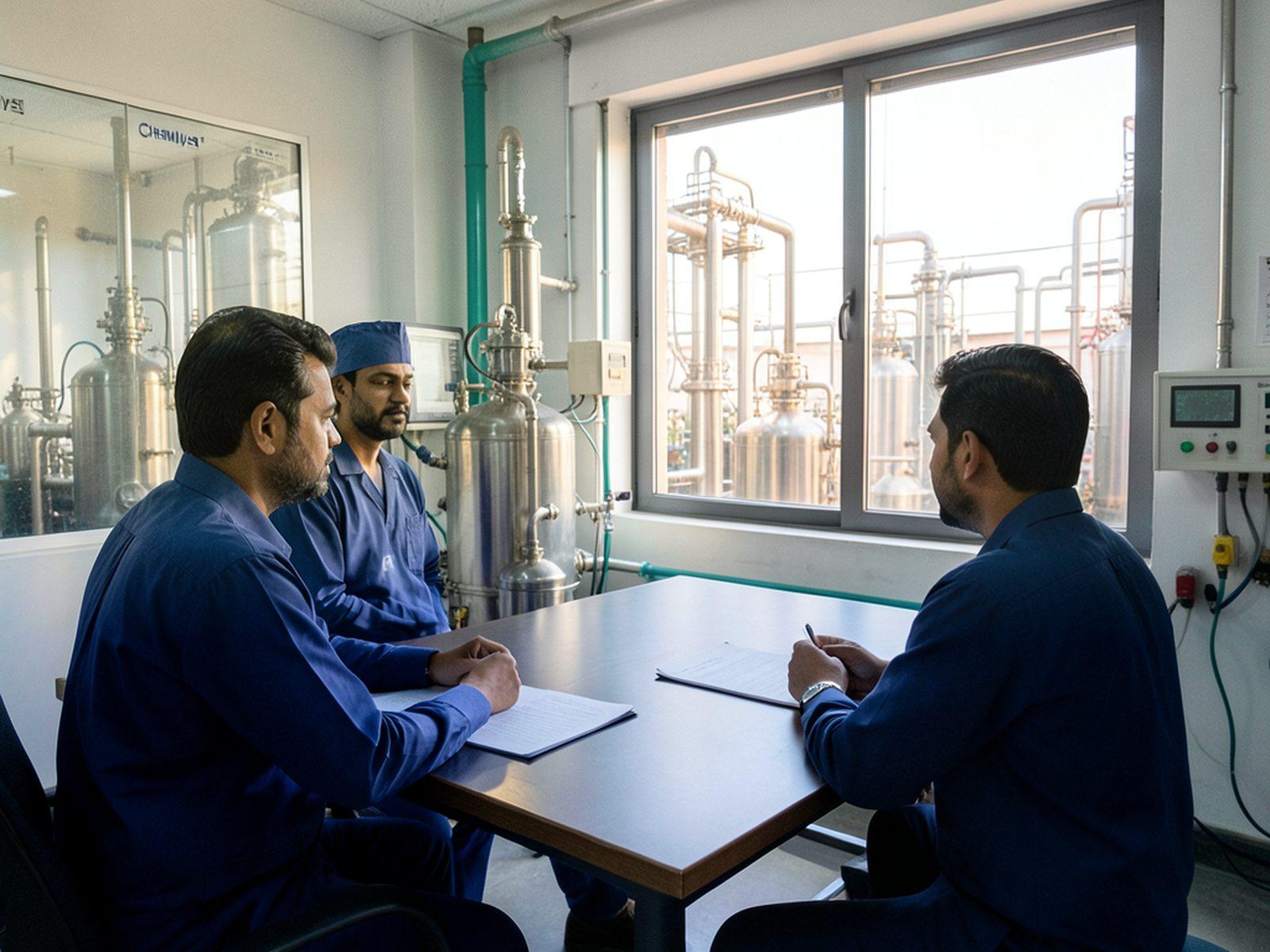 Closed technical documents in a plant office overlooking reactors