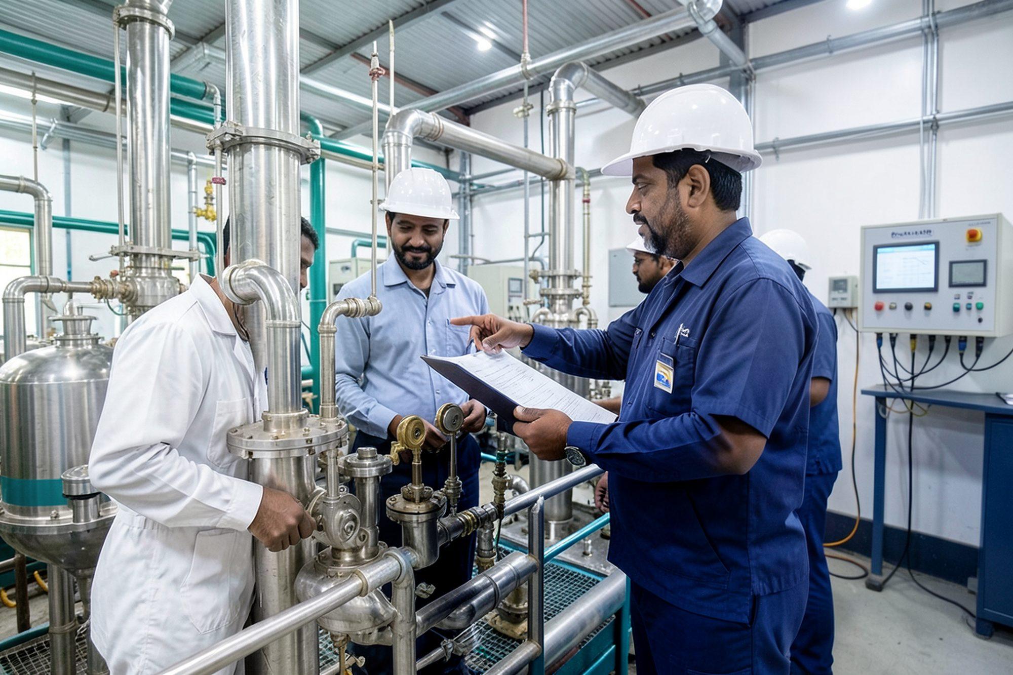 Engineers comparing installed equipment during facility qualification